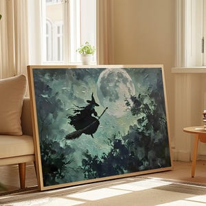Witch Flying Over Moon Canvas, Halloween Wall Art, Gothic Witch Silhouette Print, Full Moon Night Painting, Spooky Home Decor