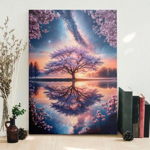 Santuario de Sakura Iluminado por las Estrellas – Arte de Pared con Cerezos en Flor de Fantasía – Impresión de Galaxia de Ensueño para Dormitorio o Sala de Meditación