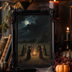 Witch Coven Bonfire Art Print,Full Moon Gothic Witchcraft Poster, Dark Halloween Wall Decor, Witches Dancing Around Fire,Occult Ritual Print