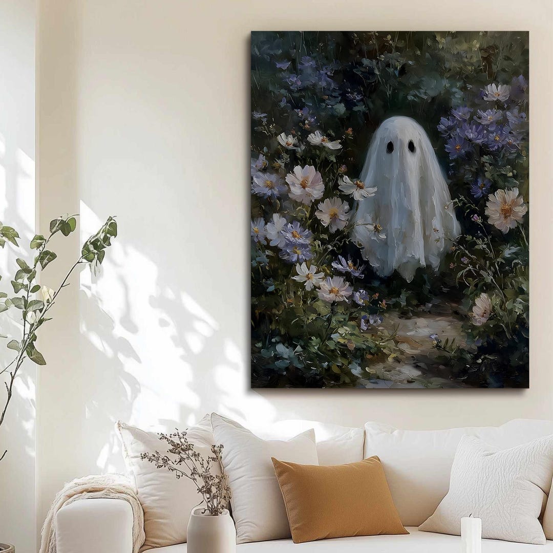 Cute Ghost in Floral Garden Print – Spooky Halloween Wall Art – Vintage ...