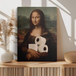 Póster divertido de papel higiénico de Mona Lisa: arte de baño peculiar, lienzo con parodia renacentista, decoración de pared con un toque de humor.