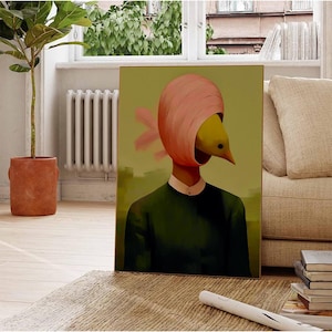 Surreal Bird Head Portrait Wall Art, Modern Surrealism Print, Quirky Animal Face Woman Poster, Contemporary Abstract Art for Home Decor