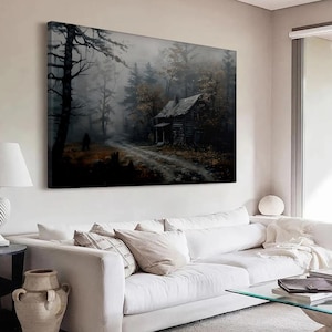 Haunted Cabin Canvas Art: Gothic Forest Landscape, Spooky Halloween Decor