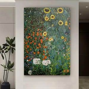 Impresión de girasoles de Gustav Klimt - Póster Art Nouveau de jardín de granja - Arte mural de paisaje natural - Reproducción de bellas artes en tonos dorados - Decoración botánica