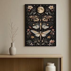 Moth and Moon Botanical Wall Art Floral Insect Poster, Dark Academia Butterfly Decor, Witchy Nature Artwork, Boho Home Decor