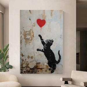 ストリートアート猫キャンバスウォールアート - 赤いハートのグラフィティ黒猫 - リビングルームや寝室の都会的なモダンな壁装飾