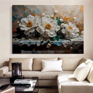 White Peony Floral Wall Art - Vintage Style Textured Flower Canvas - Elegant Botanical Painting for Living Room or Bedroom