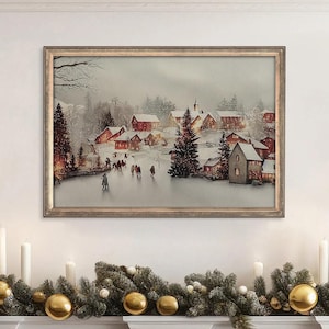 Vintage Christmas Village Ice Skating Print: Cozy Winter Cabin Wall Art
