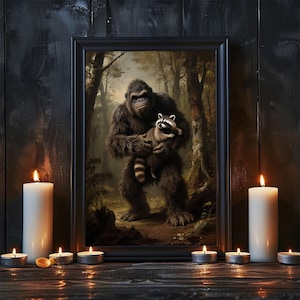 Bigfoot Raccoon Gothic Forest Print, Funny Cryptid Wall Art, Dark Cottagecore Decor,Mythical Animal Fantasy Poster, Sasquatch Framed Artwork