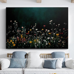 Vintage Wildblumen Feld Wandkunst, botanische Leinwand Druck, modernes Bauernhaus Blumendekor - Boho Minimalist Galeriewand, dunkelgrün geblümt