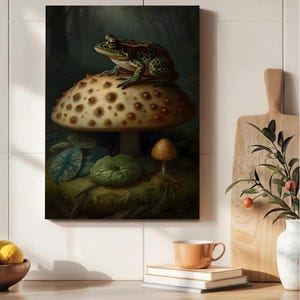 Impresión artística de pared de rana sobre hongo, póster de animales del bosque, obra de arte botánica oscura, decoración natural para el hogar