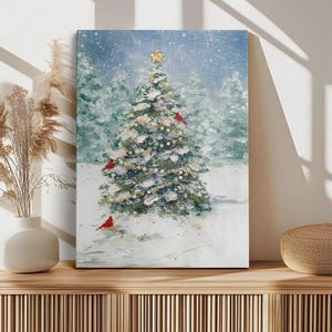 Weihnachtsbaum Leinwand Wandkunst – Verschneite Feiertage Print – Winterlandschaft Gemälde – Festliches Wohndekor – Weihnachtsgeschenk für Weihnachtsliebhaber