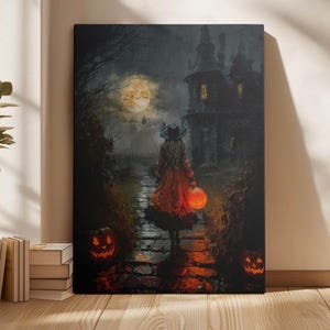 Witch Walking with Pumpkin Lantern Art Print - Halloween Night Scene, Moonlit Landscape, Spooky Witch Wall Decor, Dark Fantasy Art