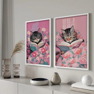 Cozy Cat Reading Art Print Set: Whimsical Feline Wall Decor