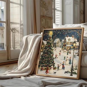 Christmas Village Canvas Print: Snowy Winter Holiday Wall Art