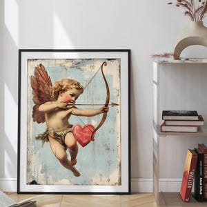 Vintage Cupid Wall Art, Romantic Angel Poster with Heart Arrow, Antique Style Valentine Decor, Classic Cherub Print for Bedroom Lover Gift