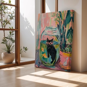 気まぐれな黒猫の金魚鉢ウォールアート - カラフルな猫の絵画プリント、遊び心のある動物の装飾、かわいいペットのイラスト