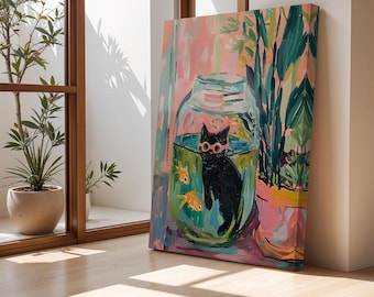 Arte mural de gato negro caprichoso en una pecera: impresión colorida de un gato, decoración de animales juguetones, ilustración de una linda mascota