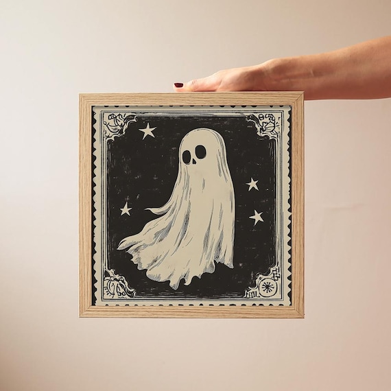 Halloween Ghost Print: Retro Woodcut Spooky Wall Art - Etsy