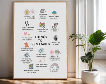 Arte de pared terapéutico "Cosas para recordar", póster de consejería de salud mental, impresión de afirmaciones de TCC/TDC, oficina del consejero escolar, recordatorio de autocuidado