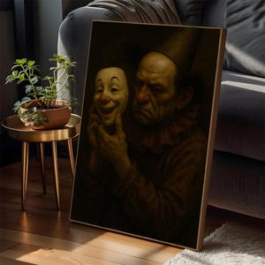 Payaso triste con máscara sonriente, arte en lienzo, impresión de retrato emocional surrealista, obra de circo, decoración de pared expresionista para amantes de la psicología teatral