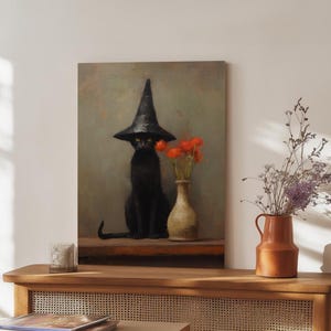 Black Cat with Witch Hat Art Print - Magical Cat Illustration, Cozy Halloween Decor, Whimsical Home Wall Art