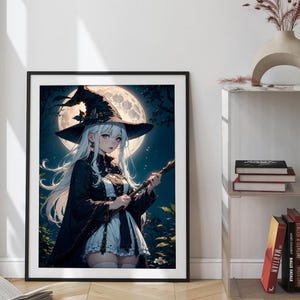 Anime Witch Poster: Magical Girl Moonlight Art, Halloween Decor