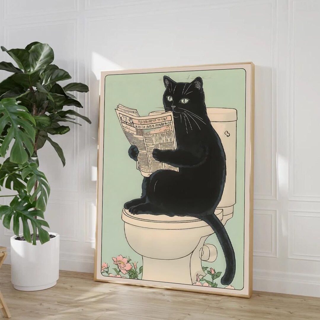 Funny Black Cat Toilet Canvas Print: Quirky Bathroom Humor Wall Art ...