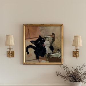 Funny Bathroom Cat Wall Art, Black Cat with Toilet Paper Print, Quirky Kitty Poster, Cute Animal Humor Bathroom Decor for Cat Lovers