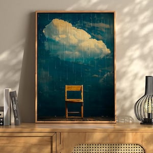 Arte murale surreale "Sedia solitaria", stampa astratta emozionale con nuvole e pioggia, decorazione malinconica color verde acqua scuro, poster concettuale sognante per spazi minimalisti