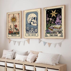 Juego de 3 impresiones de cartas del Tarot para pared, pósteres del Sol, la Luna y la Estrella, decoración mística oculta, galería de tarot bohemio, espiritualidad brujista.