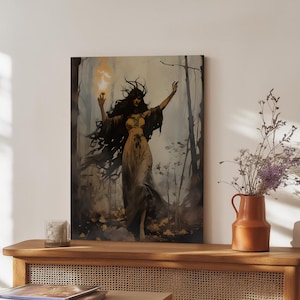 Stampa murale mistica della foresta di streghe, poster di donna fantasy dark, decorazione pagana gotica, fiamma magica, stampa di strega dei boschi, estetica occulta della Wicca