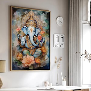 Ganesha Wall Art Hindu Elephant God Poster, Colorful Spiritual Ganapati Illustration, Indian Deity Canvas Print, Lotus Blessing Decor