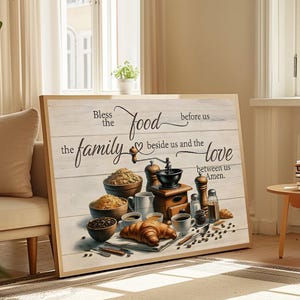 Bless the Food Kitchen Wall Art, Rustic Family Prayer Sign, Coffee and Bread Farmhouse Decor, Dining Room Printable