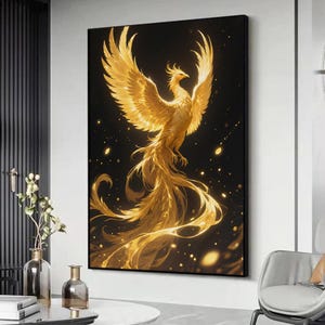 Golden Phoenix Wall Art Canvas, Mythical Bird Artwork, Firebird Rising Print, Fantasy Creature Canvas Decor for Home or Office