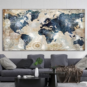 Art mural carte du monde vintage - impression sur toile bleu et beige, décoration minimaliste moderne, affiche de salon inspirée des voyages - design boussole rétro