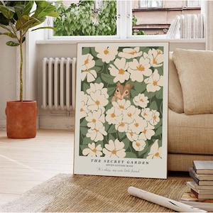The Secret Garden Tier Wandkunst, Seven Sisters Rose Print, süsses Eichhörnchen in Blumen Poster, Botanische Kinderzimmer Dekoration, Vintage Storybook Stil