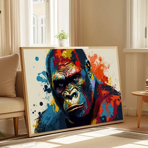 Stampa murale colorata con gorilla, stampa astratta di ritratto di animale, poster moderno con schizzi di inchiostro raffigurante un primate, decorazione audace per la giungla, tela con immagini di animali selvatici.