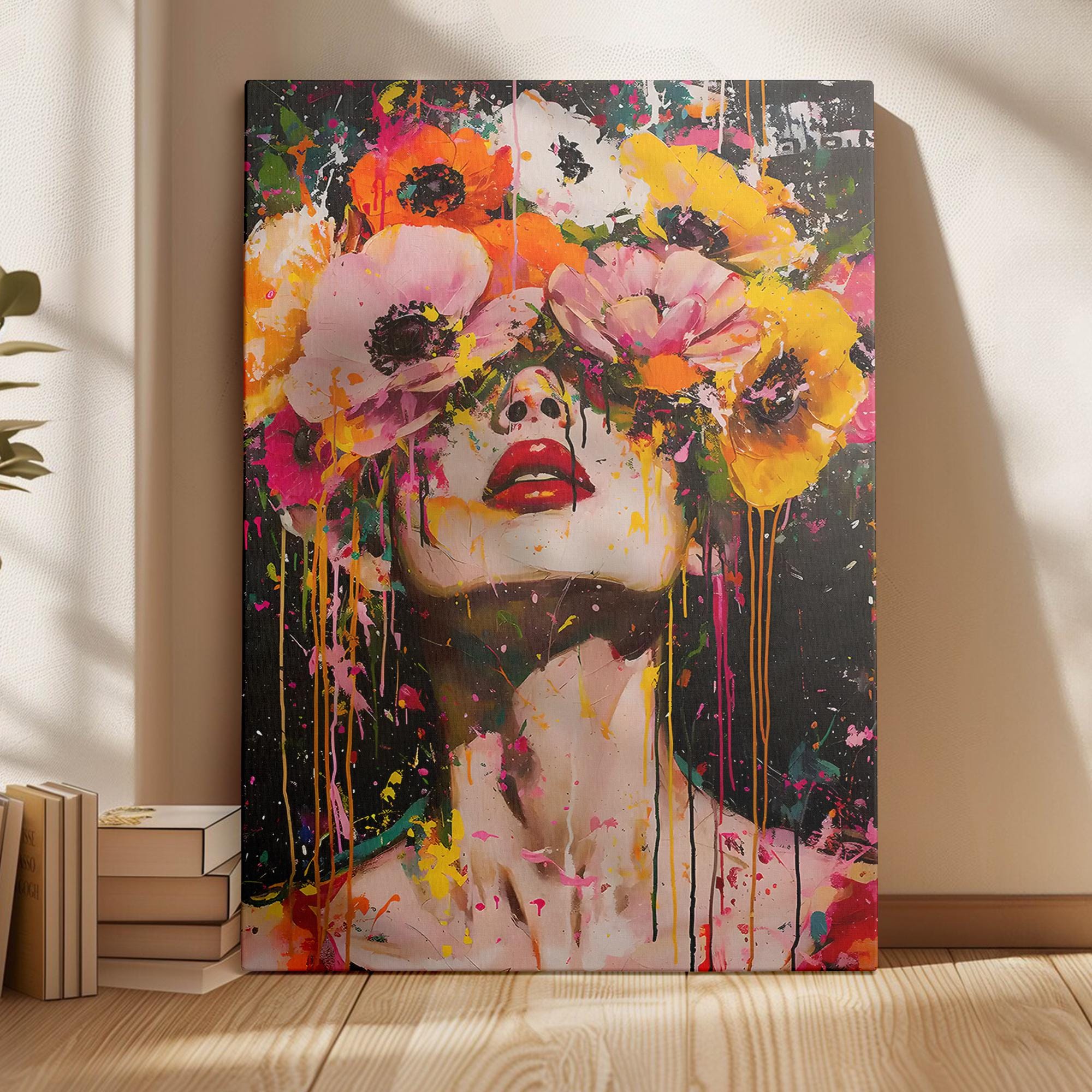 Arte mural de mujer con cabeza de flor: lienzo con retrato abstracto, pintura de goteo moderna, atrevida y colorida para sala de estar o estudio.