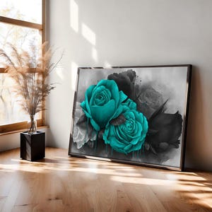 Stampa artistica da parete con rosa nera e verde acqua, dipinto a inchiostro floreale gotico, poster di fiori astratti romantici e scuri, opera d'arte in stile tatuaggio moderno