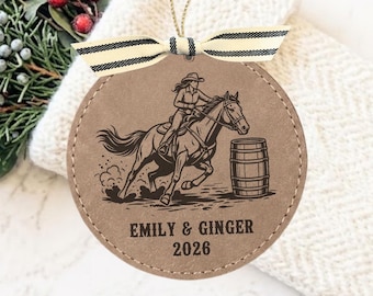 Custom Barrel Racing Christmas Ornament, Personalized Cowgirl & Horse Leatherette Ornament, Rodeo Event Gift, Rider and Horse Name Keepsake