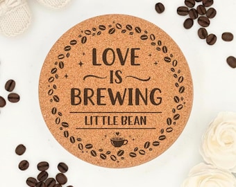 Personalized Love is Brewing Coffee Cork Coasters, Coffee Bar Baby Shower Gift Favors, Custom Engraved Bulk Gender Neutral Shower Decor