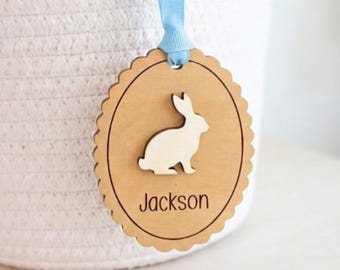 Personalized Easter Basket Tag, Custom Wooden Name Tag for Kids, 3D Bunny Scalloped Egg Tag, Boho Easter Decor, Engraved Wooden Gift Tag
