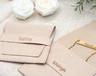 Personalized Jewelry Pouch w Custom Engraved Name • Engraved Microfiber Travel Necklace Bag • Personalized Gift Box for Her • Bulk Gift Idea