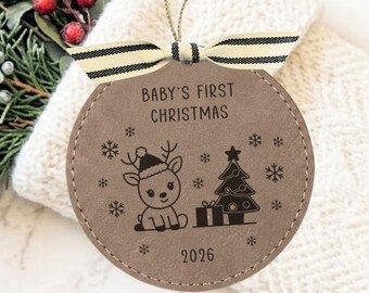 Personalized Baby's First Christmas Ornament, Custom Baby Name Leather Ornament, Santa's Reindeer Christmas Tree Tag, New Baby Keepsake Gift