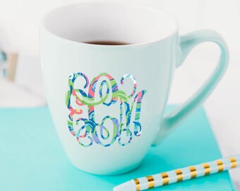 Patterned monogram decal,  patterned vinyl tumbler sticker, water bottle sticker, Personalized Coffee Cup