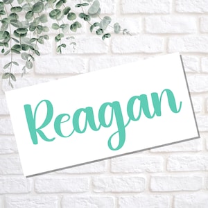 May include: A white sign with the name "Reagan" written in teal cursive lettering.