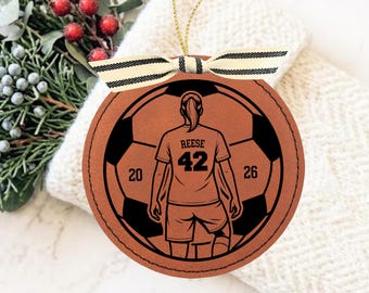 Personalized Girls Soccer Ornament 2026, Engraved Leatherette Soccer Player Christmas Ornament, Custom Name Number Soccer Gift for Daughter