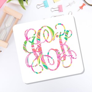 May include: A square white coaster featuring a decorative, swirling monogram design in vibrant shades of pink, yellow, lime green, and turquoise. The intricate, interconnected letters create a colorful, abstract pattern centered on the surface.