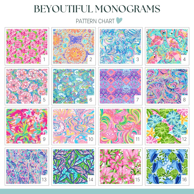 May include: A pattern chart titled BEYOUTIFUL MONOGRAMS featuring sixteen distinct colorful graphic prints arranged in a grid. Each square displays a unique design, including floral, animal, and abstract motifs, numbered from one to sixteen.